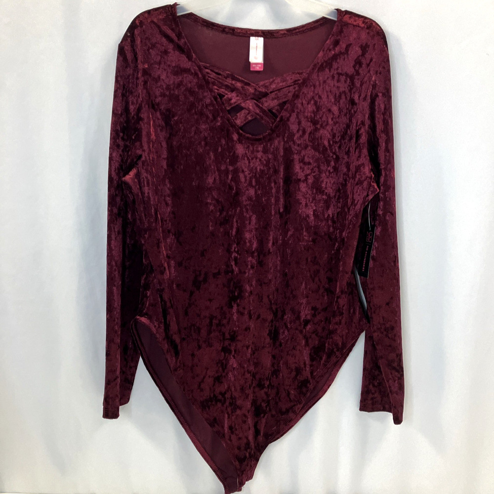 Velvet Crisscross Bodysuit Womens 2XL(19) Burgundy Long Sleeve NWT